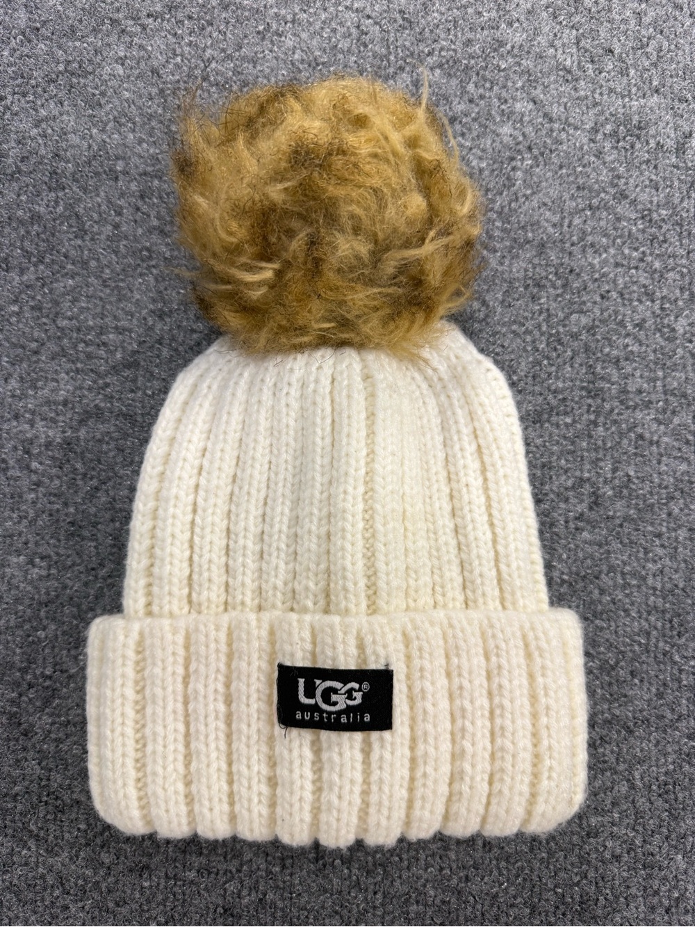 UGG Knit Beanie with Brown Faux Fur Pom Pom